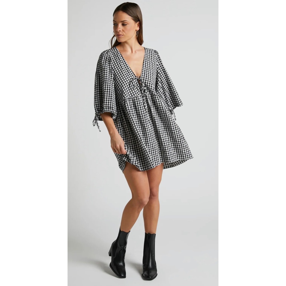 Showpo Gingham Tie Front Puff Sleeve Mini Dress Black White US 10 NEW